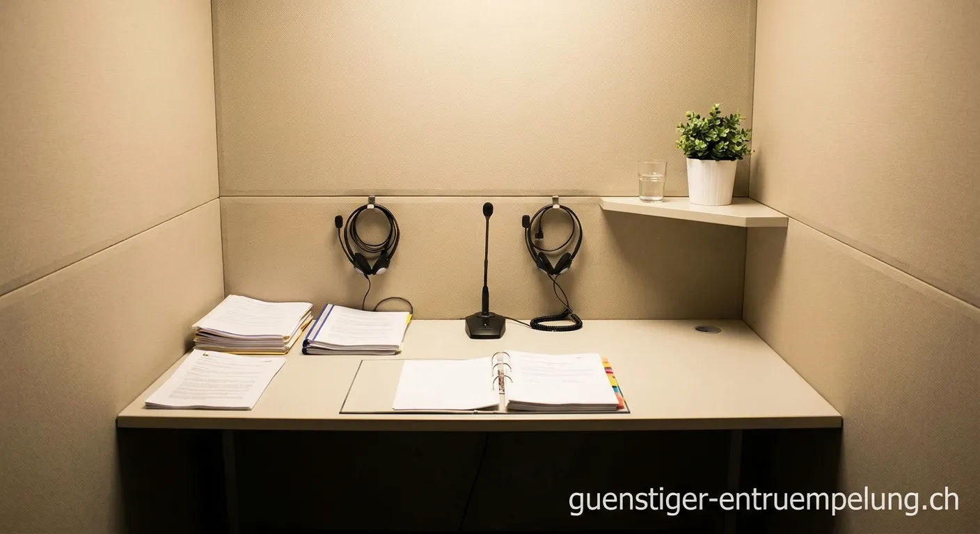 Aufgeräumte Dolmetscherkabine mit organisiertem Equipment