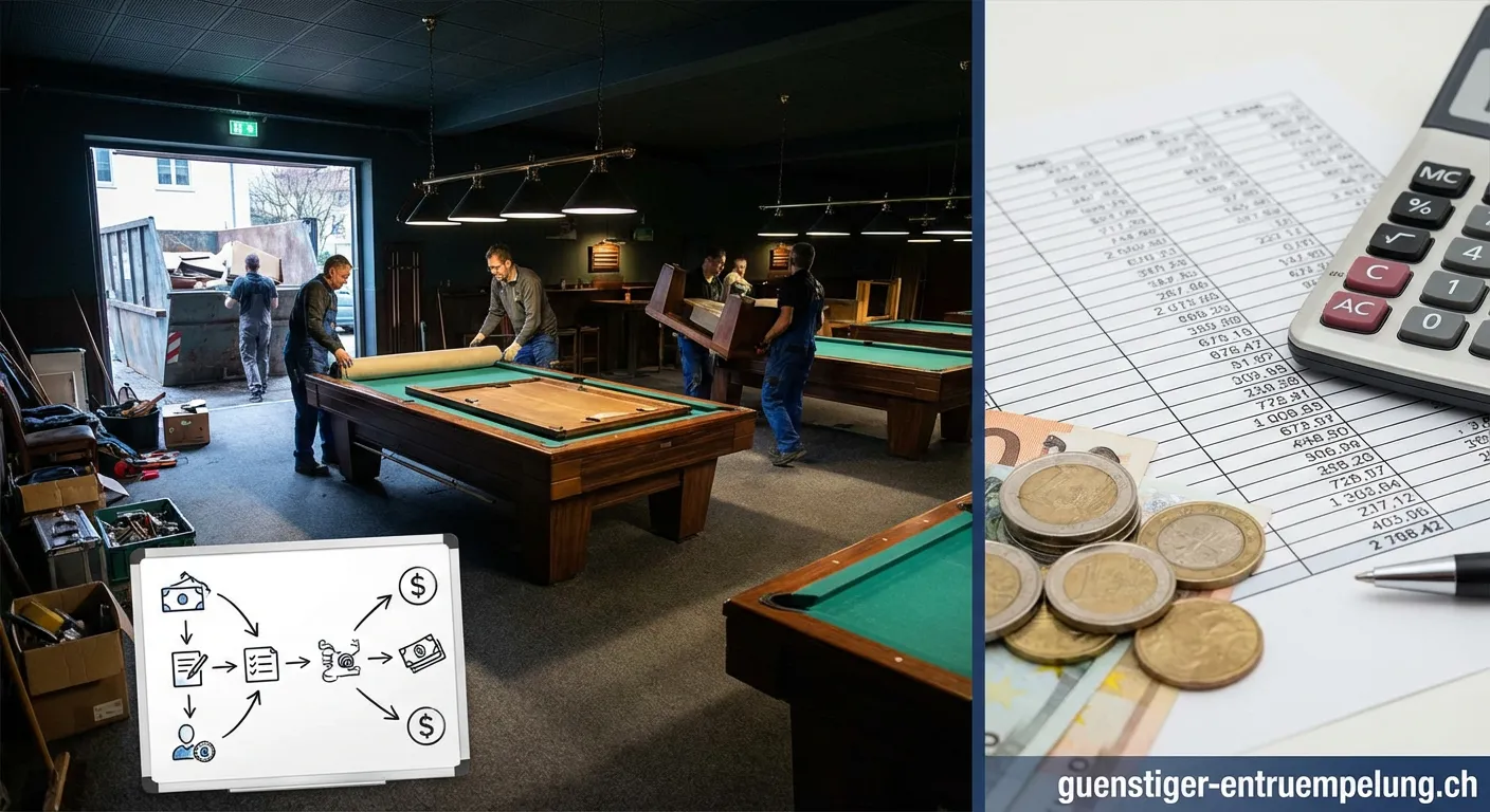 Leere Billiardhalle mit teilweise demontierten Billardtischen während einer Entrümpelung