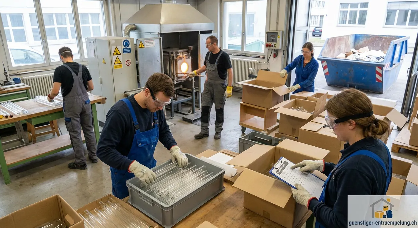 Leere Glaswerkstatt mit Glasresten und Werkzeugen