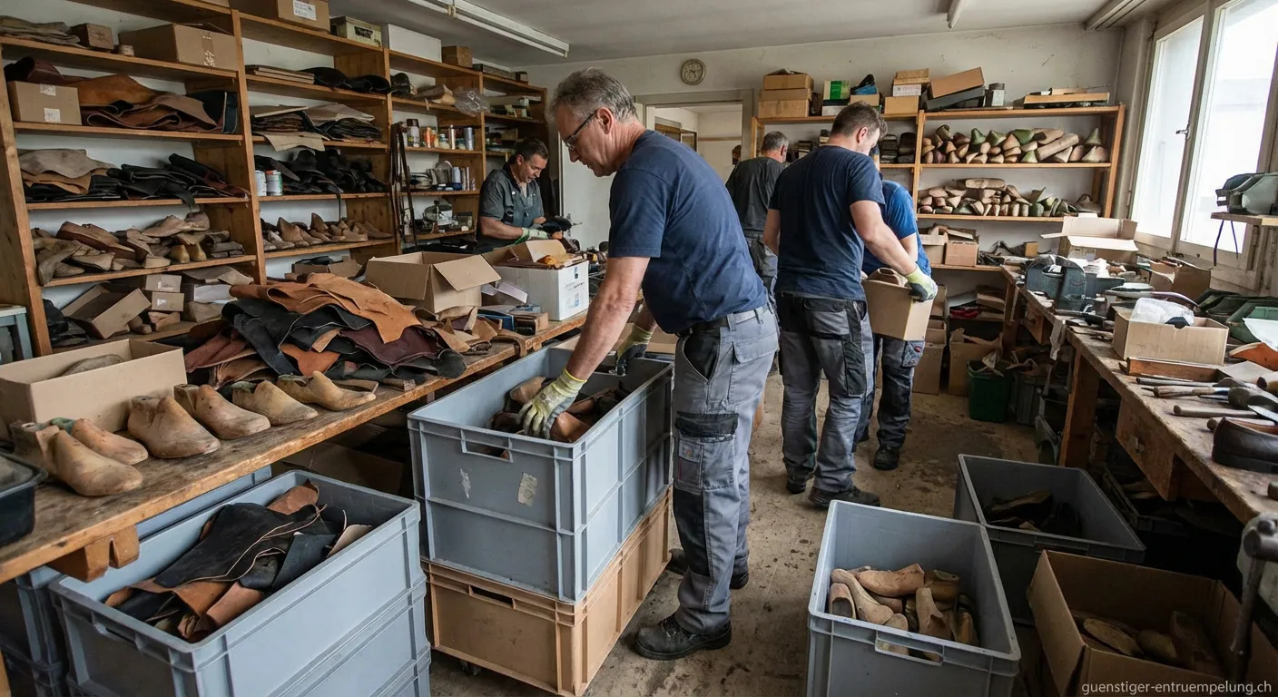 Alte Schusterwerkstatt mit Maschinen und Lederresten vor der Entrümpelung
