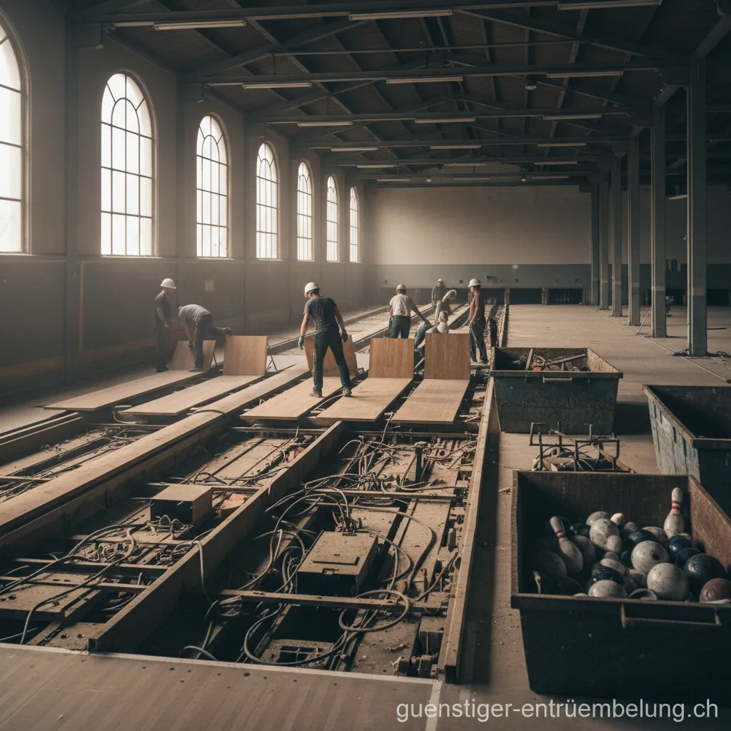 Eine alte, verlassene Bowlingbahn vor der Entrümpelung