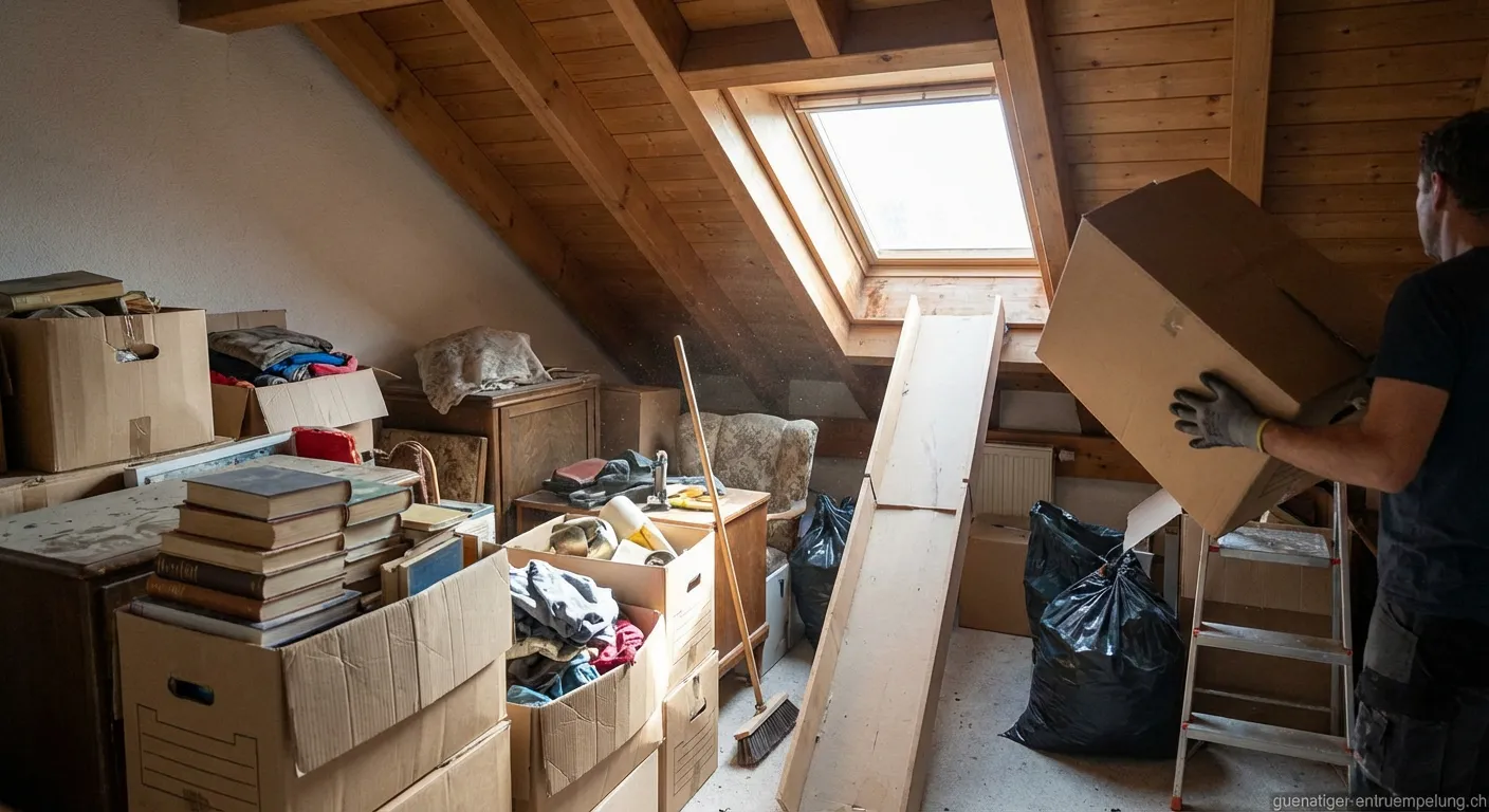 Mann räumt alte Kisten aus einer Dachgaube und sortiert Gegenstände