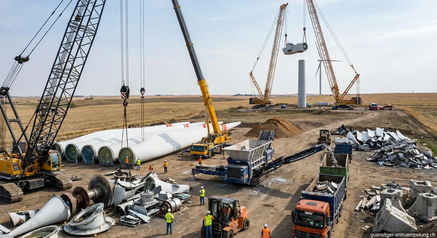 Rückbau und Entrümpelung einer Windkraftanlage mit Kran auf freiem Feld