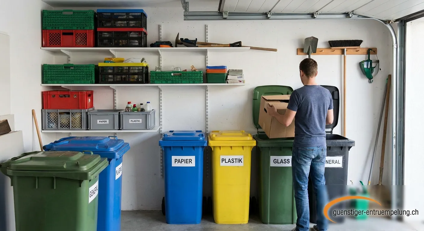 Organisierter Entsorgungsbereich mit beschrifteten Mülltonnen
