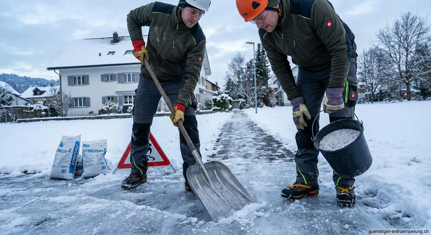 Mitarbeiter in Schutzkleidung beim Räumen eines vereisten Kühlraums