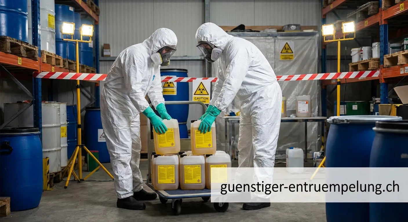Arbeiter in Schutzausrüstung bei der Räumung eines Gefahrstofflagers