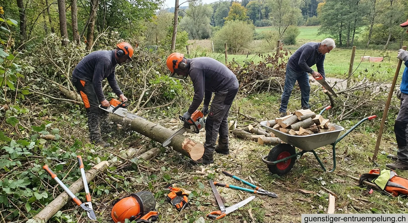 Arbeiter mit Schutzkleidung der einen Holzbereich sägend räumt
